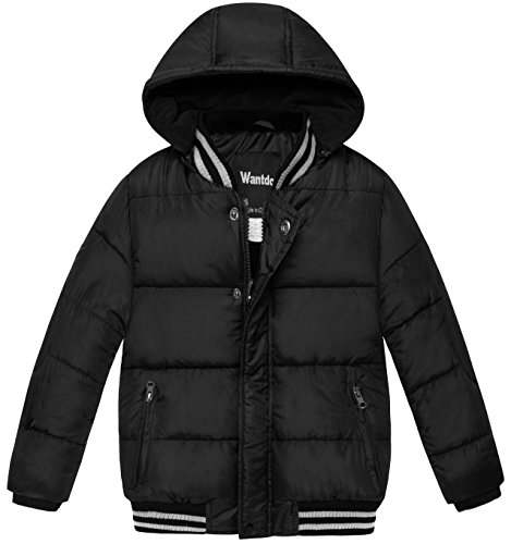 Wantdo Boy's Thicken Warm Coat Hooded Down Alternative Jacket Outdoor Windbreaker(Black, 4/5)