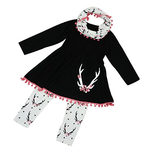 Kintaz 3PCS Little Girls Winter Wildlife Tunic Dress Pants Scarf Outfits Kids Clothes Set (2T)