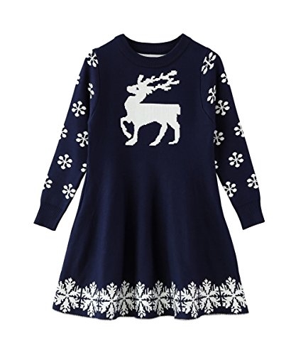 SMILING PINKER Little Girls Christmas Dress Reindeer Snowflake Xmas Gifts Winter Knit Sweater Dresses (5-6, navy blue)