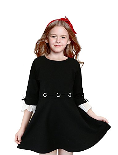 Girls O Neck Flare Long Sleeve Cotton Fashion Pleated Vintage Dresses Black 9T