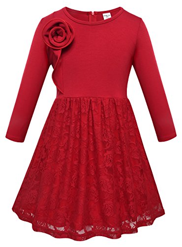 Girls O Neck Long Sleeve 3D Rose Flowers Cotton Pleated Lace Dresses Red 8T