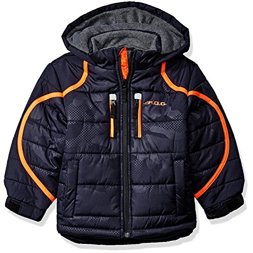 London Fog Little Boys' Hooded Pieced Puffer Jacket, Camo/Navy, 5/6