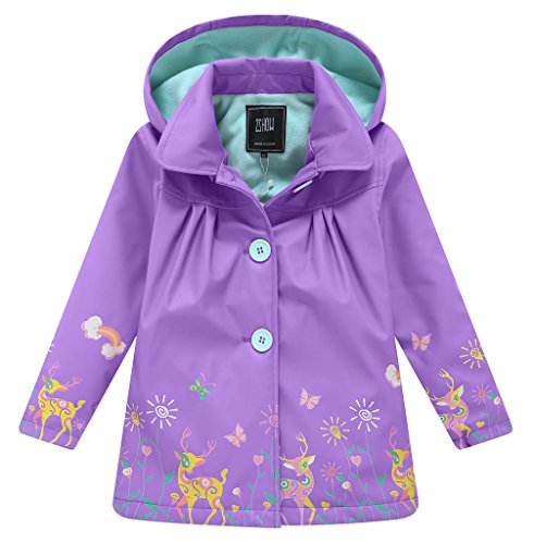 ZSHOW Girl's and Boy's Removeable Hooded Raincoat Waterproof Jacket With Fleece,Purple/4 To 5Y
