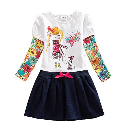 VIKITA 2017 New Kid Girl Embroidery Cotton Dress Long Sleeve H5926WHITE 6-7 Years